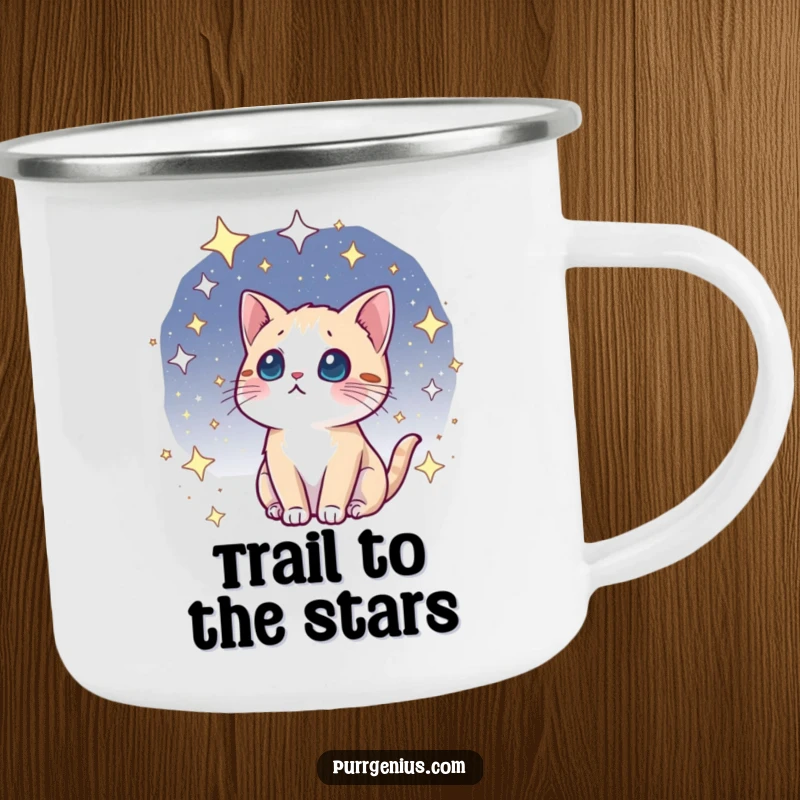 Funny kawaii cosmic cat camping mug, gazing with wonder at a starry cosmos, perfect for outdoor adventures and celestial views.