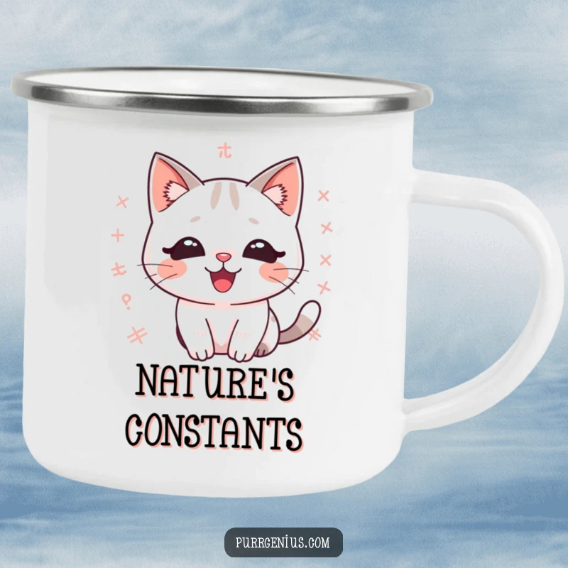 Funny kawaii math cat camping mug, delighted expression, floating equations, rugged design with a touch of academic whimsy.