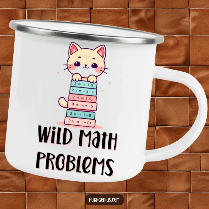 Funny camping mug with a cute kawaii cat character balancing a stack of complex math equations, perfect for study breaks.