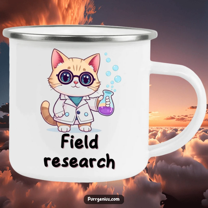 Funny scientist cat in a lab coat, holding a bubbling beaker, ready for outdoor adventure. This camping mug is durable and humorous.