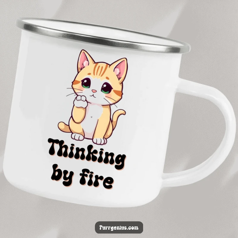Funny Cat Camping Mug showing a cat in a thoughtful pose with a raised paw, ready for funny outdoor contemplation.
