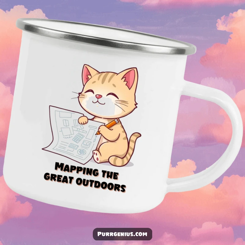 Funny Architect Cat Camping Mug: a cat drawing a blueprint for an outdoor adventure, combining planning and exploration, a fun funny gift.