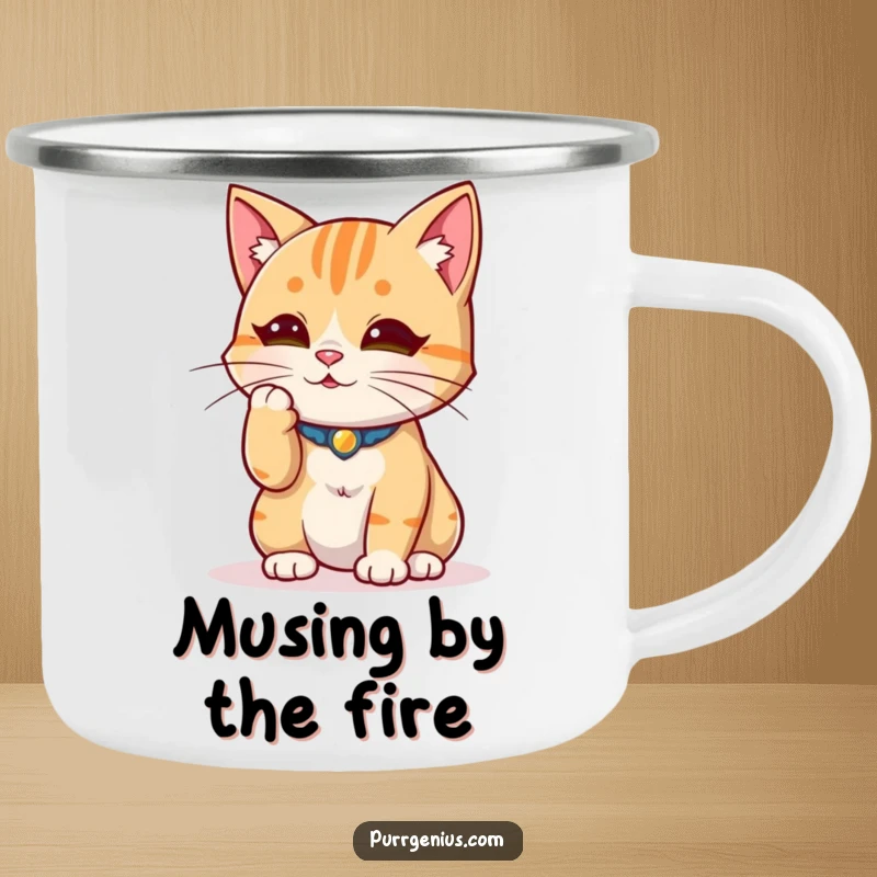 Funny wise cat stroking a whisker thoughtfully, designed for rugged adventures on this durable camping mug.