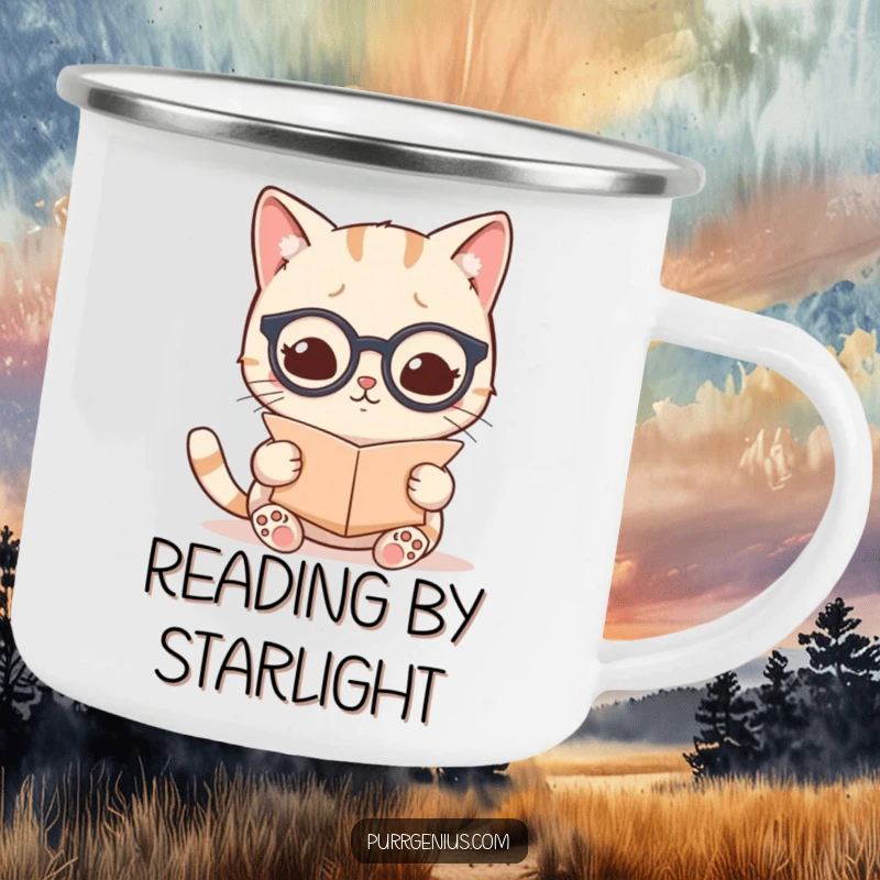 Funny kawaii cat in tiny spectacles reading a scroll, on a durable camping mug for wise adventurers.