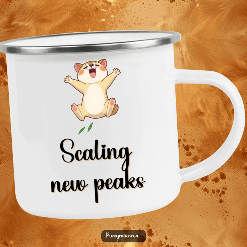 Funny animal camping mug depicting a dramatic leap, ideal for outdoor enthusiasts with high energy and a love for adventure.