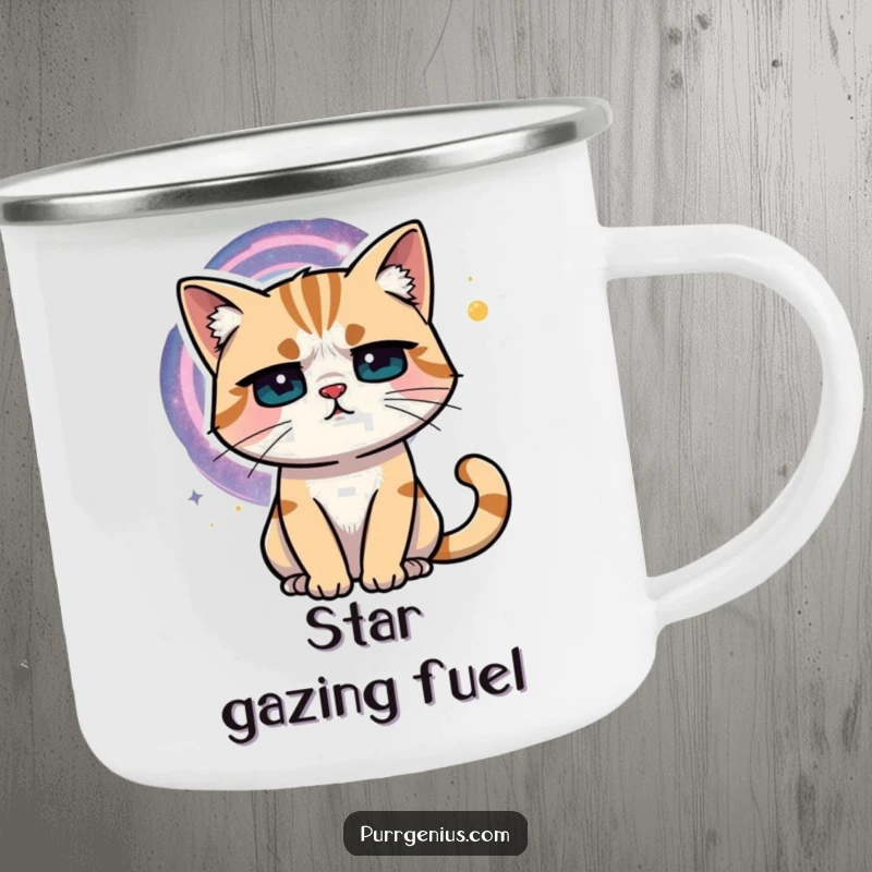 Funny cat with a furrowed brow looking at a swirling galaxy, ready for camping. This mug is durable and humorous.
