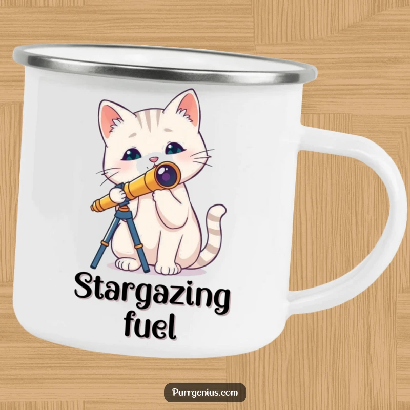 Durable funny camping mug with a cat holding a tiny telescope, perfect for outdoor adventures and stargazing, robust and humorous.