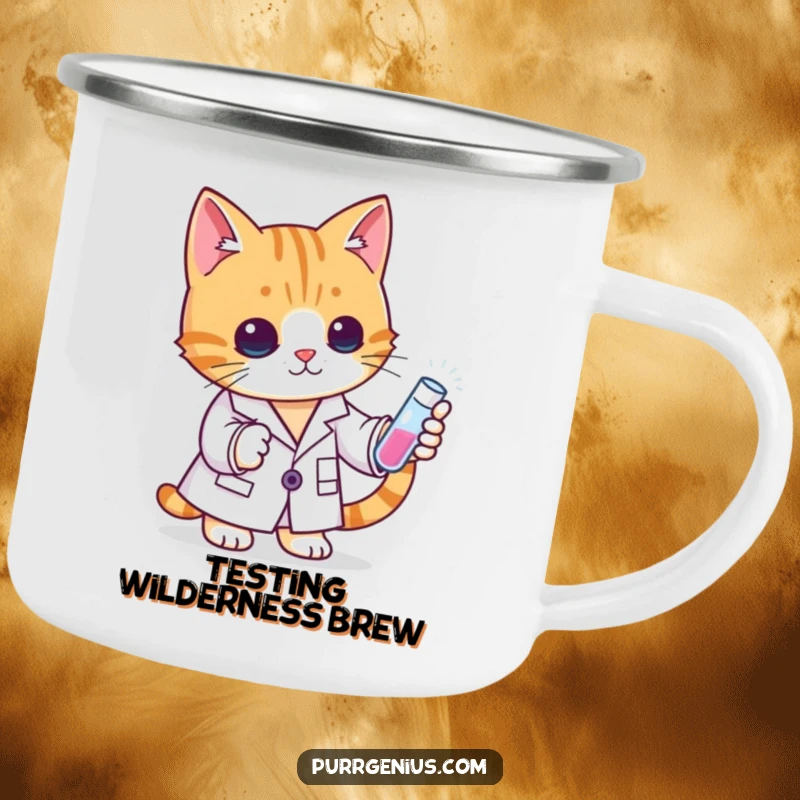 Funny cat scientist in a lab coat with a test tube, ready for adventure on this durable camping mug.