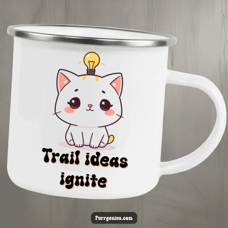 Funny camping mug featuring a cute cat character with a lightbulb overhead, symbolizing bright ideas during outdoor excursions.