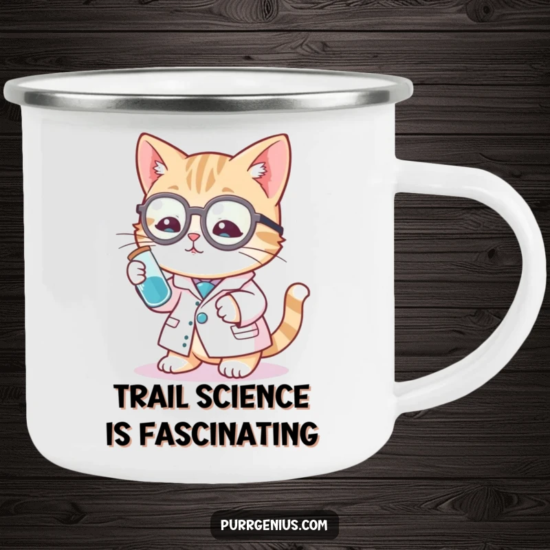 Funny cat scientist camping mug showing a cat in a lab coat with a test tube, ideal for outdoor adventures.