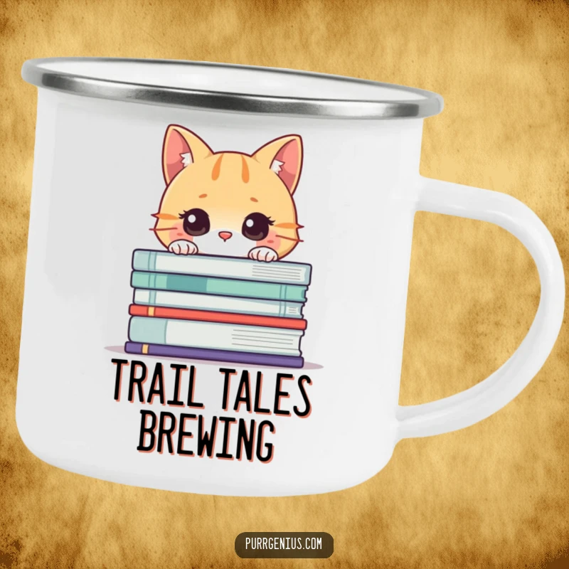 Funny Cat Book Camping Mug: Curious cat peeking from behind a stack of books, ideal for outdoor reading enthusiasts.