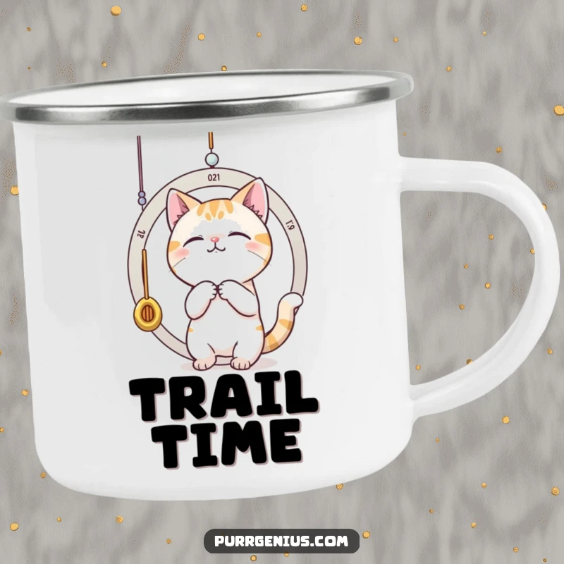 Funny cat batting at a dangling pendulum, symbolizing time. This camping mug is durable and humorous.