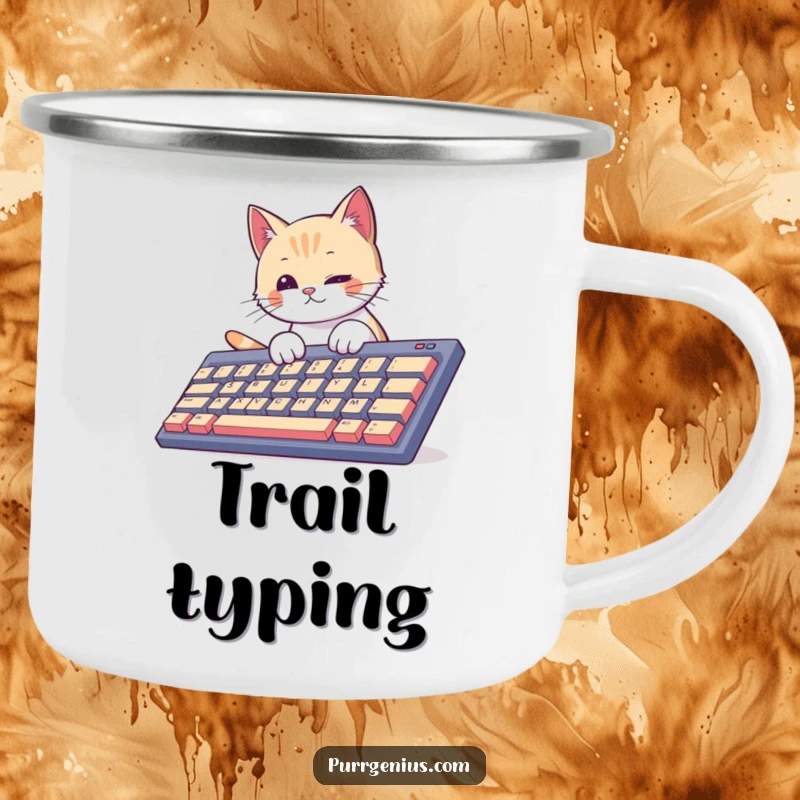Funny curious cat typing on a huge keyboard, ready for outdoor use. This camping mug is rugged and humorous.