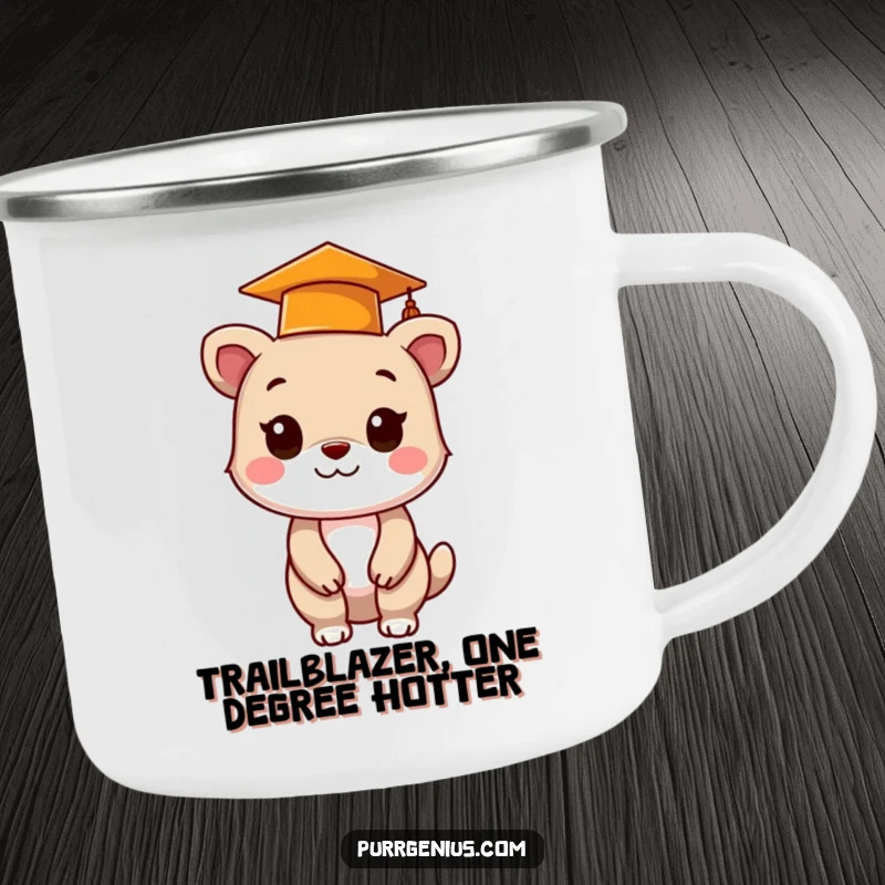 Funny animal camping mug with a graduation cap, celebrating academic achievements during outdoor adventures with a touch of humor.