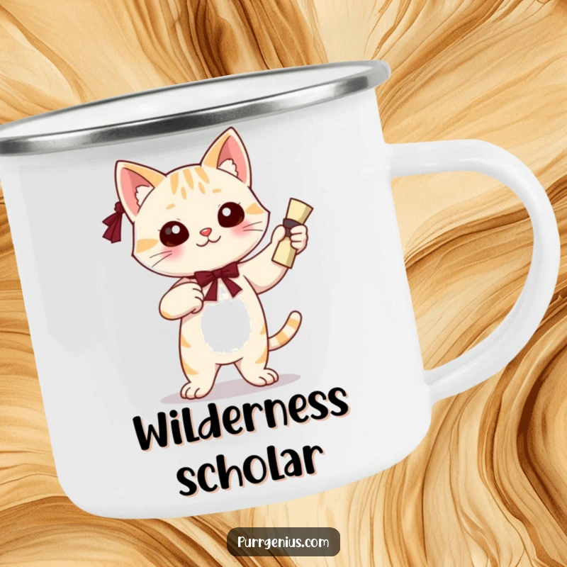 Funny camping mug featuring a confident cat character holding a diploma, ideal for enjoying drinks and celebrating achievement outdoors.