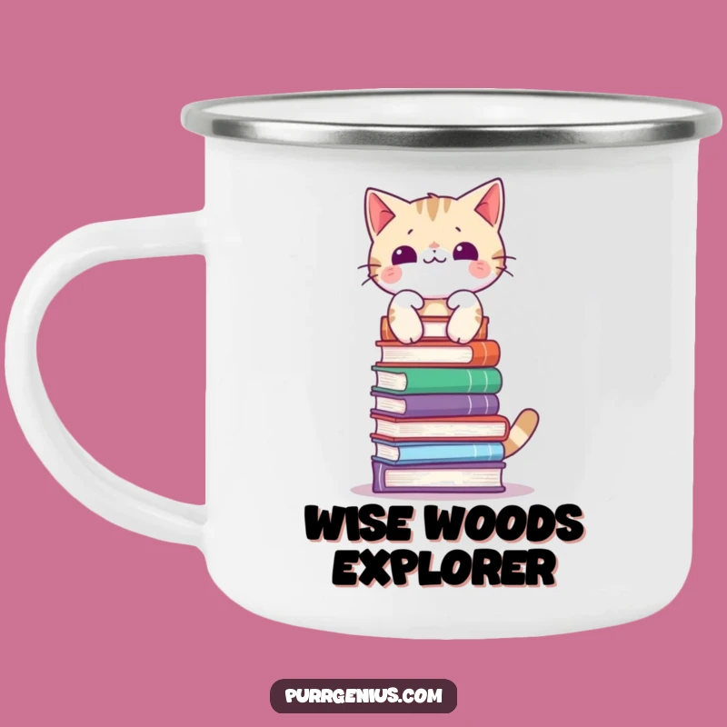 Funny Cat Balancing Books Camping Mug - Adventure Ready for Bookish Fun