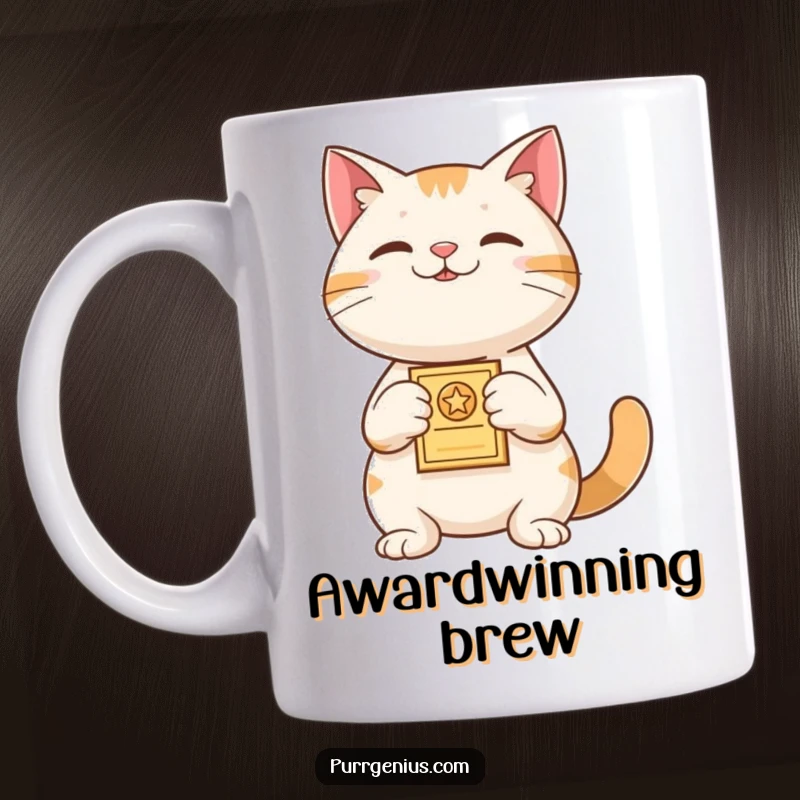 Funny Mug: A proud cat holds up a tiny award, looking accomplished and ready to celebrate a well-deserved victory.