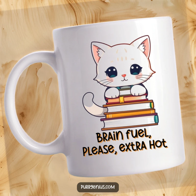 Funny mug depicting a studious feline scholar surrounded by a tall pile of advanced books, looking wise and thoughtful.