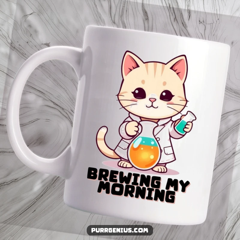 Funny Kawaii cat in a lab coat stirring a colorful beaker, depicted on a mug, ideal for science lovers.