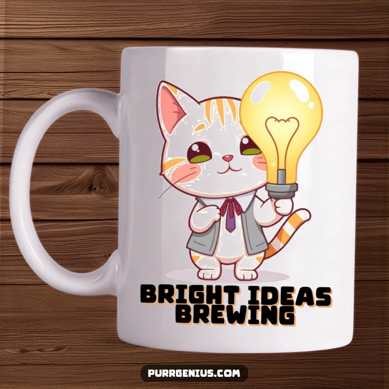 Funny Cat Lightbulb Mug: Scholarly cat proudly presenting a giant, glowing lightbulb, symbolizing bright ideas and humor.
