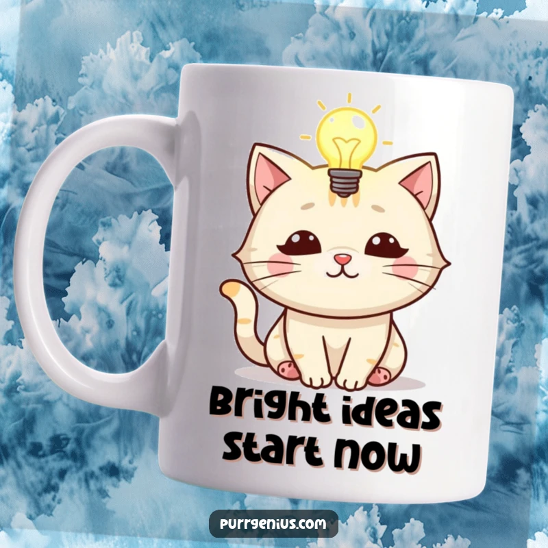 Funny mug featuring a cat character with a bright lightbulb glowing above its head, symbolizing inspiration and ideas.
