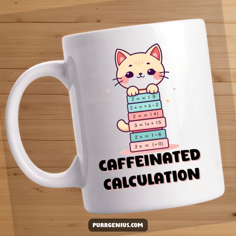 Funny mug featuring a cute kawaii cat character struggling to balance a tall stack of complex math equations.