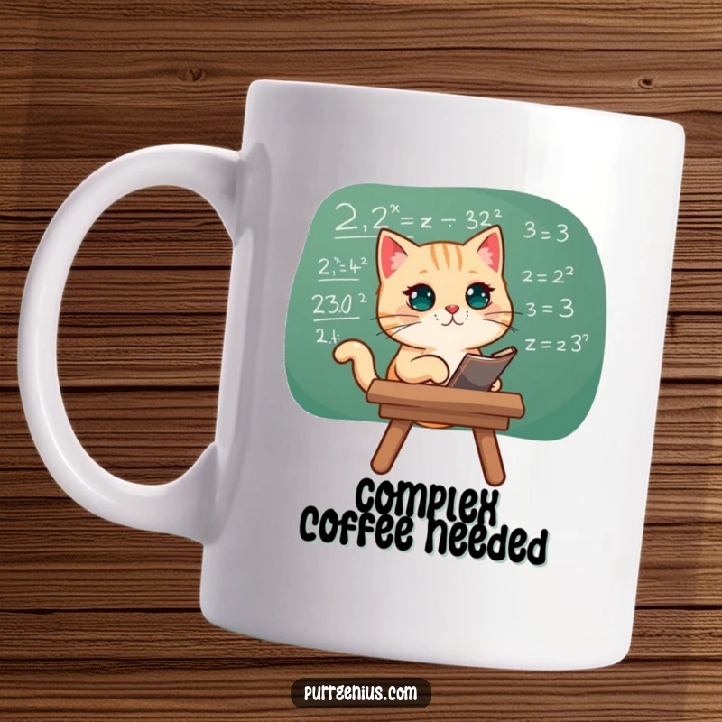 Funny mug showing a cat intensely studying a complex mathematical equation on a chalkboard, symbolizing intellect.