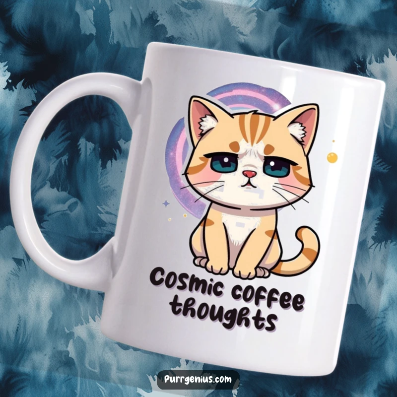 Funny cat with furrowed brow pondering a swirling galaxy, looking thoughtful. This mug is great for space and cat enthusiasts.