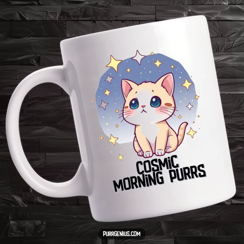 Funny kawaii cat mug, gazing with wonder at a starry cosmos, evoking a sense of cosmic curiosity and feline enchantment.