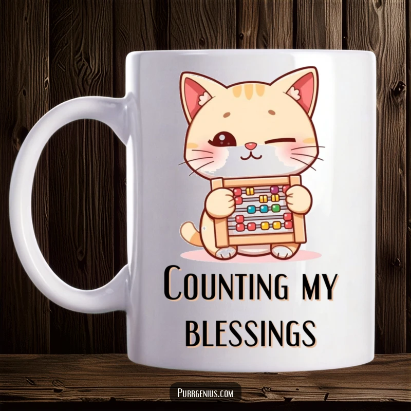 Funny Mug: A winking cat playfully holds a small abacus, suggesting cleverness and a knack for numbers with a sly smile.