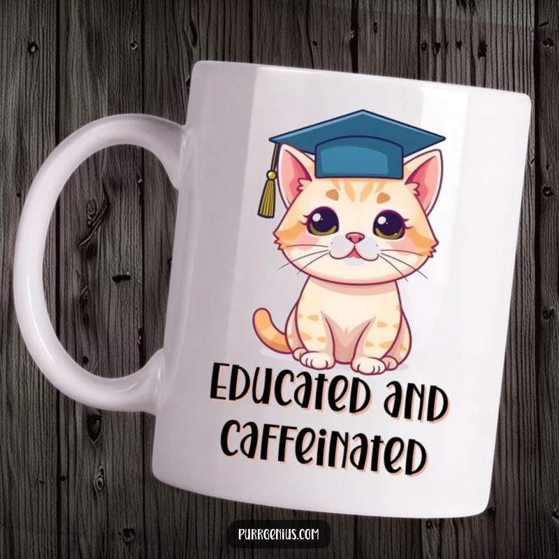 Funny mug showing a cat proudly wearing a miniature graduation cap, symbolizing academic success and smarts.