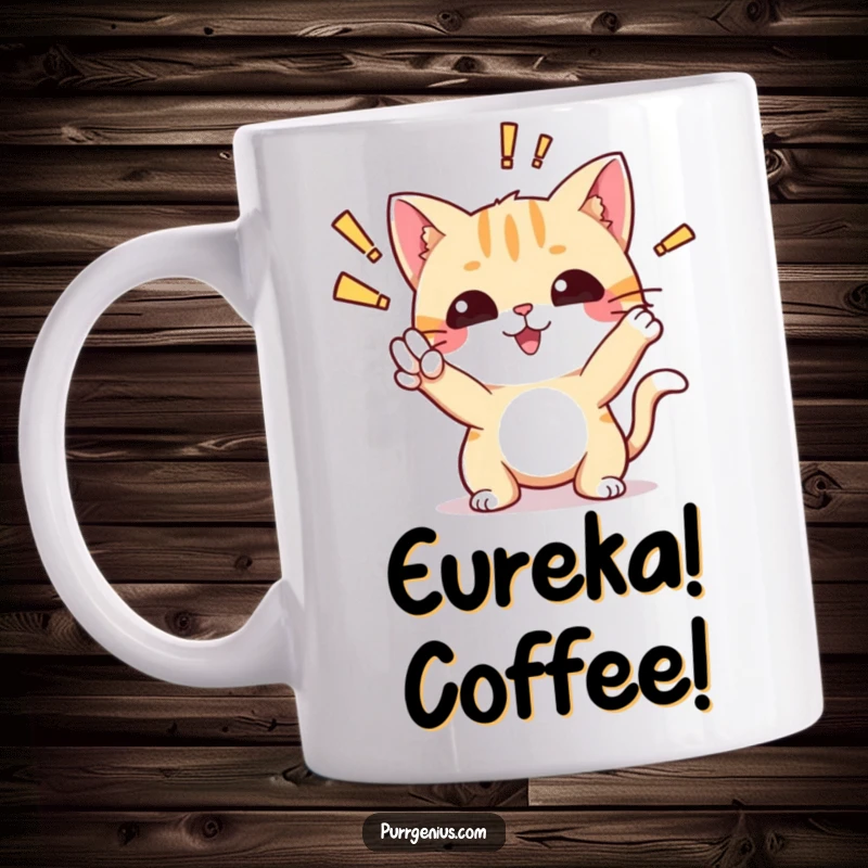 Funny mug with a cute cat in an 'aha!' pose, eyes wide with excitement, symbolizing a moment of brilliant discovery.