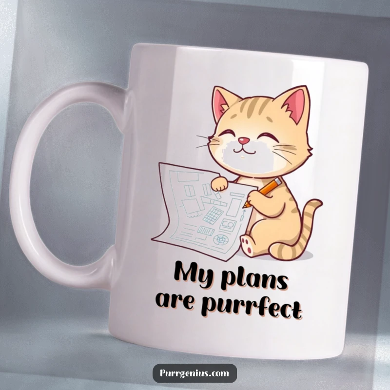 Funny Architect Cat Mug: a cat drawing a detailed blueprint with a tiny pencil, looking proud and pleased with its design, a perfect funny gift.