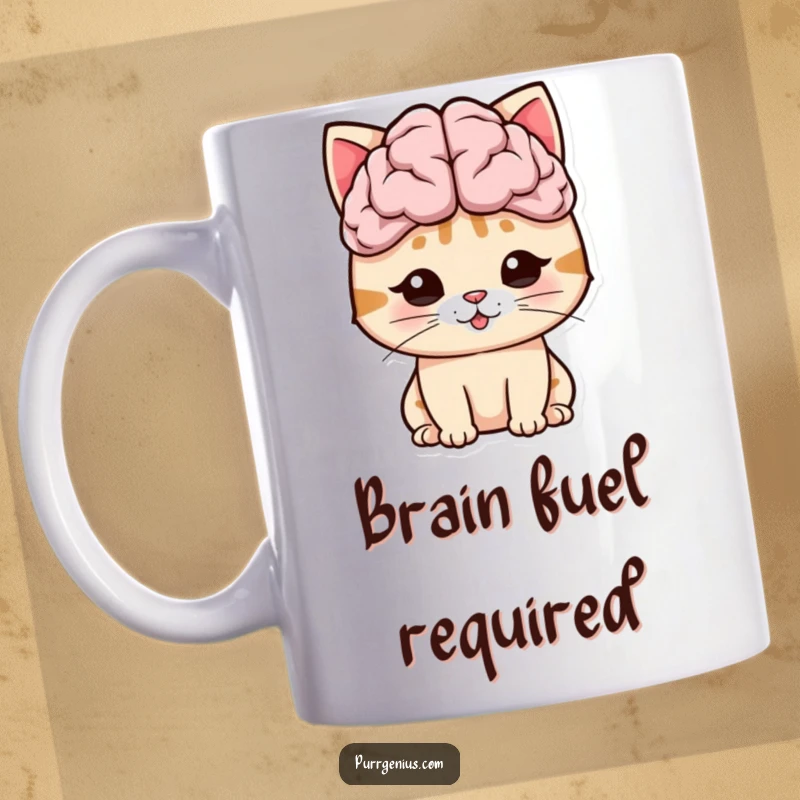 Funny cat character with a giant brain symbol floating above its head, showcasing extreme intelligence on this mug.