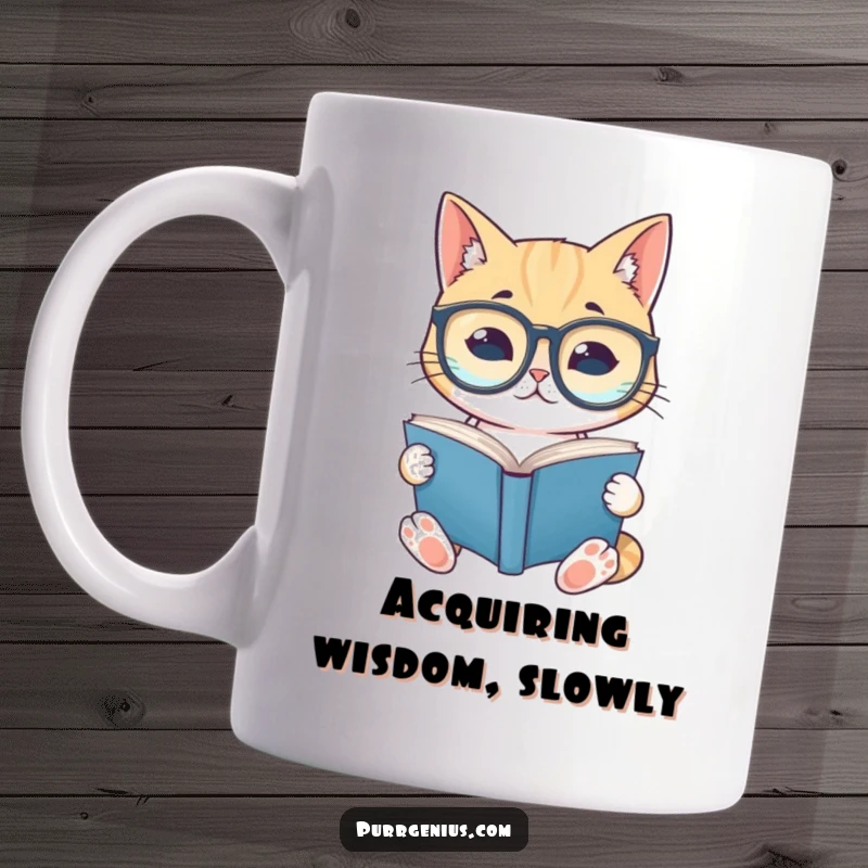 Funny cat wearing oversized spectacles, engrossed in reading a book, on a coffee mug, a scholarly and amusing design.