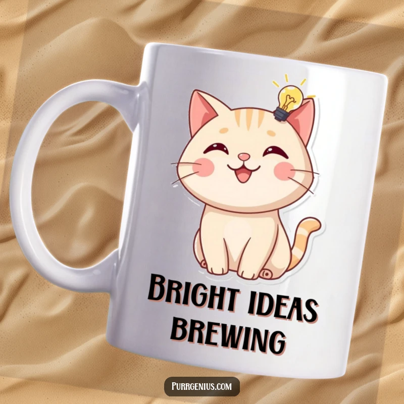 Funny Mug: A cheerful cat has a glowing lightbulb above its head, symbolizing a sudden moment of inspiration and wit.