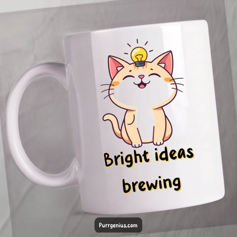 Funny Mug: A happy cat with a lightbulb illuminated above its head, radiating brilliant inspiration and humor.