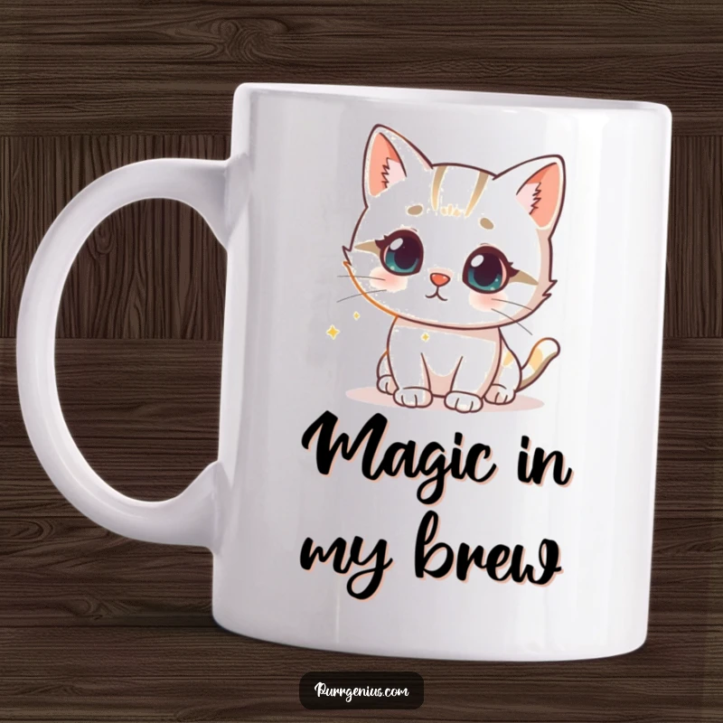 Funny mug showing a cute cat character curiously observing a glowing scientific formula, symbolizing fascination with science.