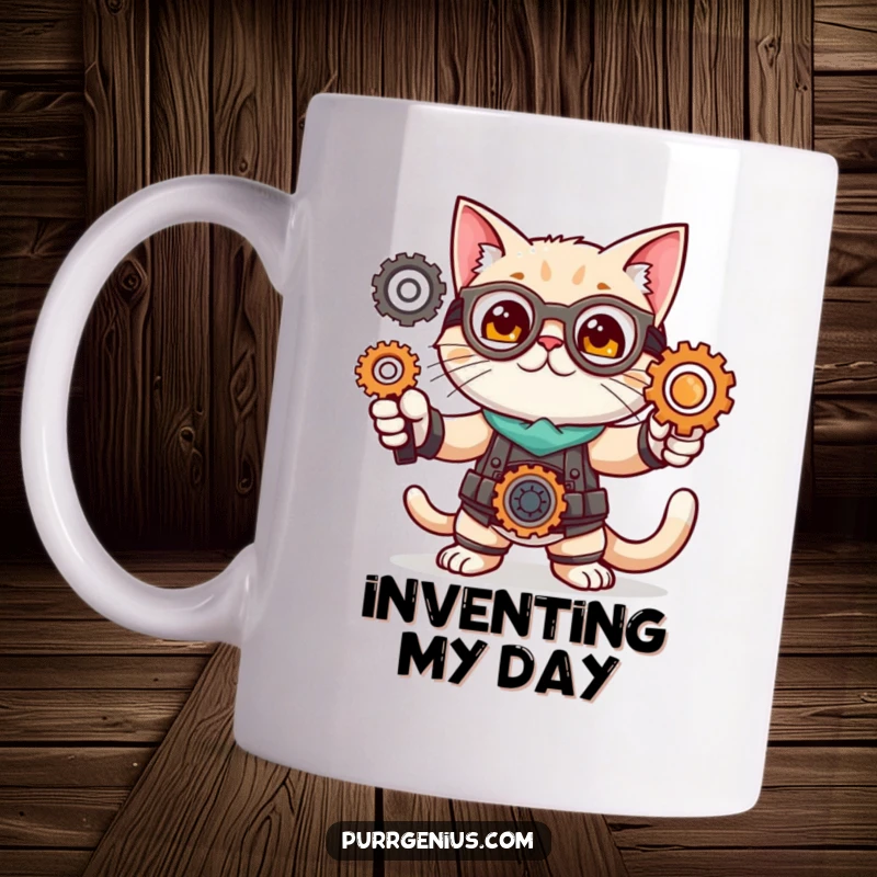 Funny mug with a cute cat character in a triumphant inventor pose, surrounded by gears, symbolizing creativity and engineering.