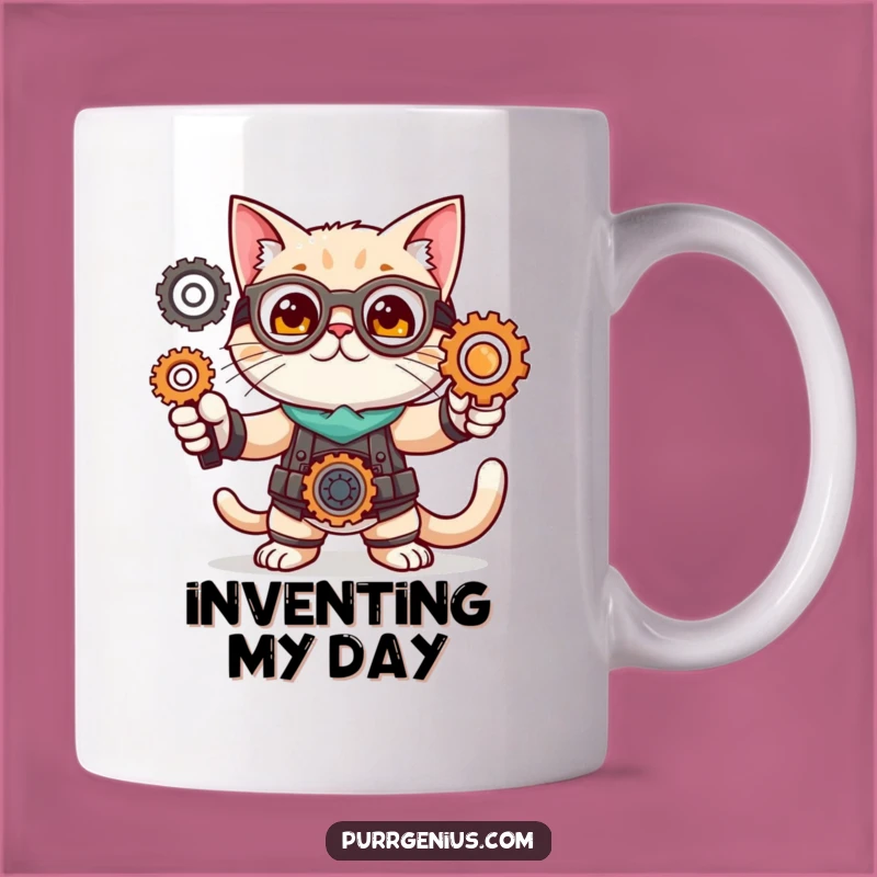 Funny Cat Inventor Mug: Brilliant Feline Pose with Gears, Perfect Funny Gift