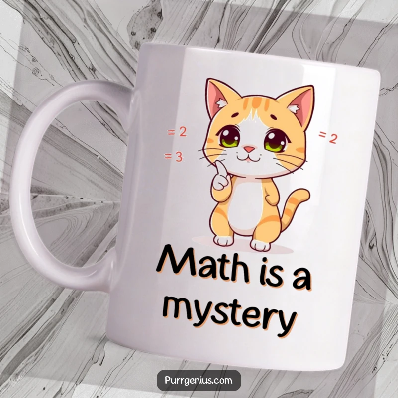 Funny mug featuring a cute cat character dramatically pointing at a complex mathematical equation, highlighting intelligence and problem-solving.
