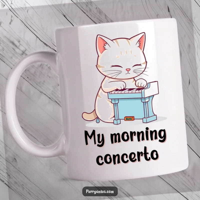 Funny cat playing intricate piano with extreme concentration, a hilarious gift mug for music lovers and cat fans.