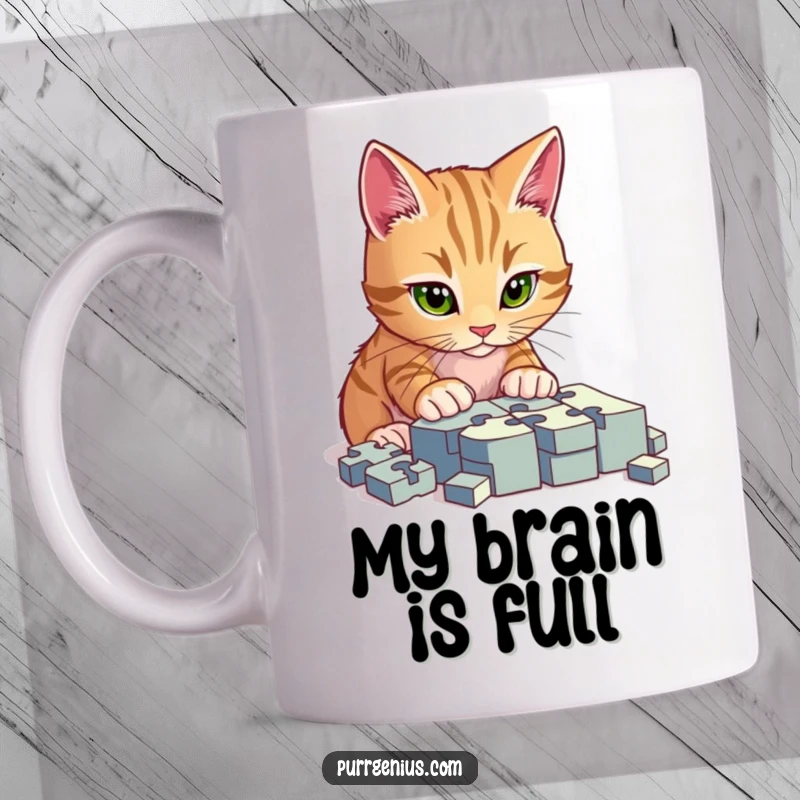 Funny mug with a cat intensely staring at a complex jigsaw puzzle, looking determined and brilliant, a gift for puzzle enthusiasts.