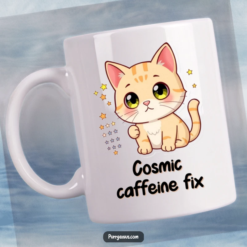 Funny mug with a cute cat having large, curious eyes intently looking at a detailed star chart, capturing wonder and exploration.