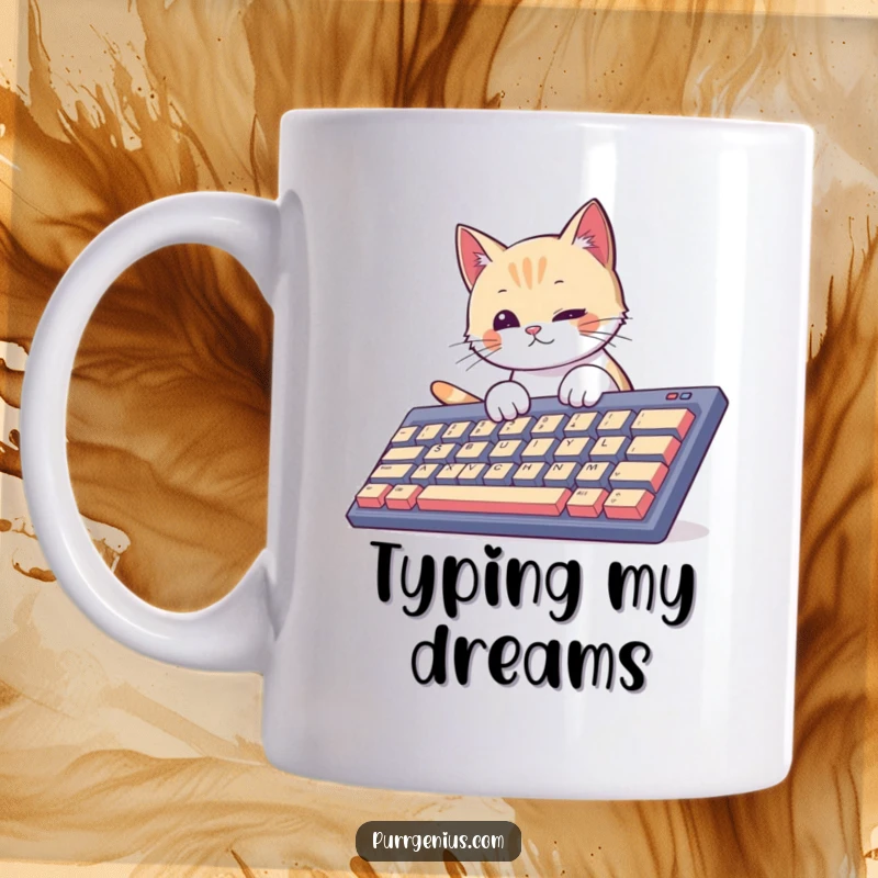Funny curious cat tapping a giant keyboard with tiny paws, looking determined. This mug is great for tech-savvy cat lovers.