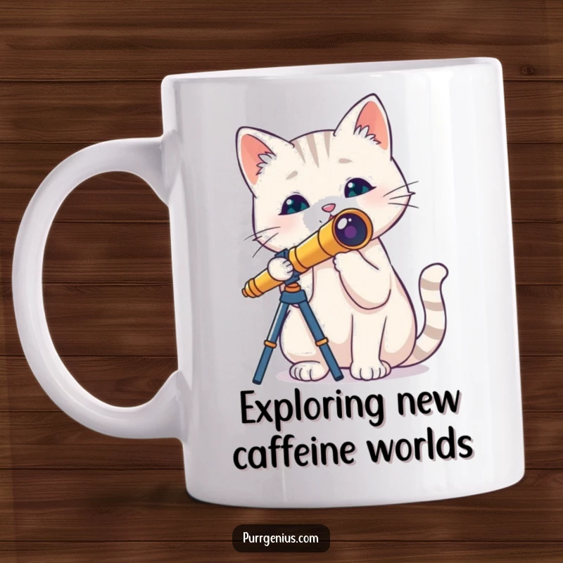 Funny cat holding a tiny telescope, peering into the unknown with curious eyes, on a coffee mug, perfect for space enthusiasts.