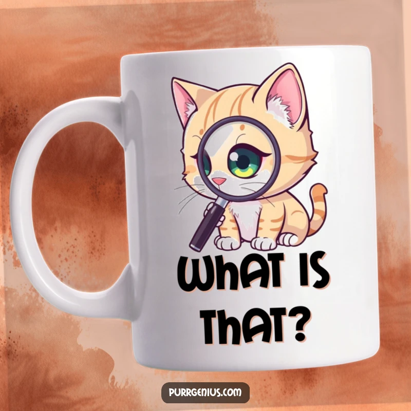 Funny Curious Cat Mug: a cat with a large, magnified eye intently observing a tiny object with great fascination, a perfect funny gift.