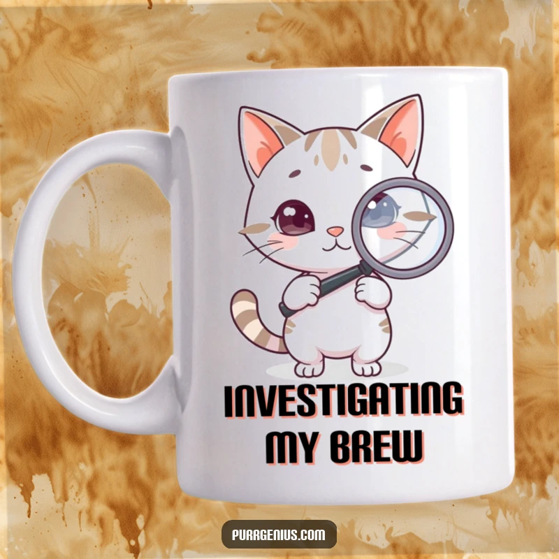 Funny Cat Mug: A clever cat character peers intently through a magnifying glass, searching for clues with a curious and intelligent expression.