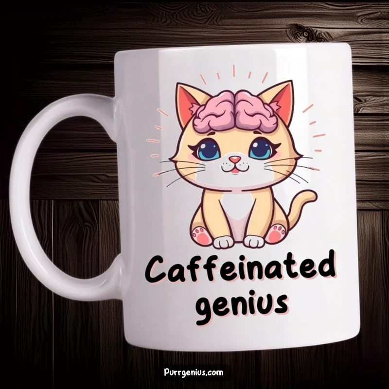 Funny Cat Mug showcasing a cat with a visibly glowing brain radiating lines of light, symbolizing profound funny intellect.