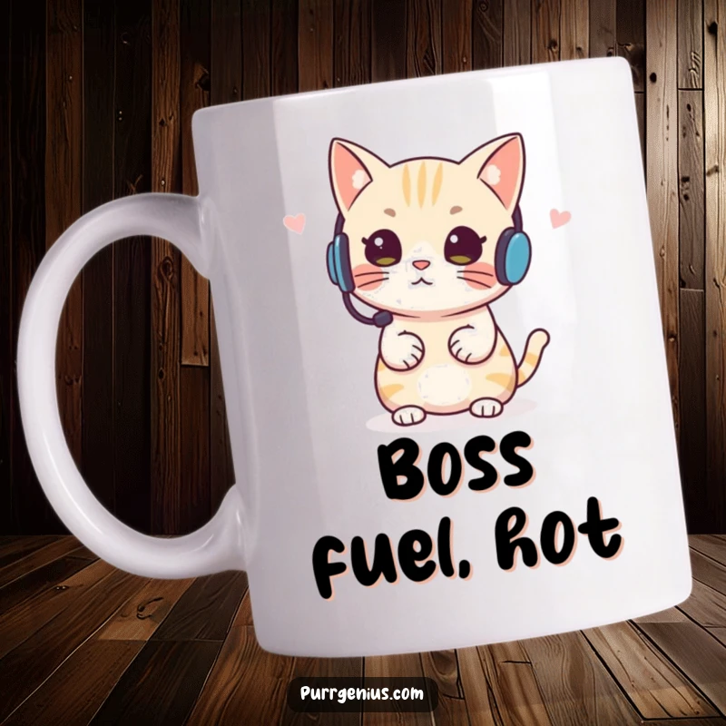 Funny Headset Cat Mug, showing a cat wearing a headset giving confident instructions with meows, perfect for bosses.